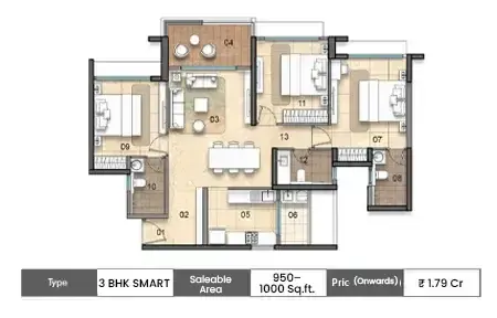 Lodha Elanza 3 BHK floor plan, 950 sq ft carpet area